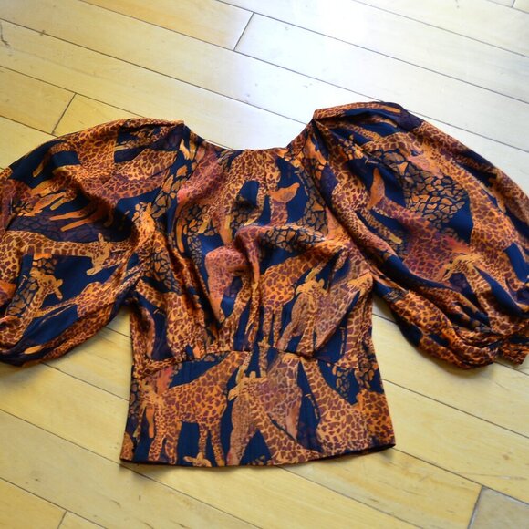 Farm Rio Black Giraffes Puff Sleeve Blouse Size XS - Picture 10 of 14